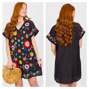 Savanna Jane‎ Womens Floral Embroidered Shift Dress Size S Black Colorful Fiesta